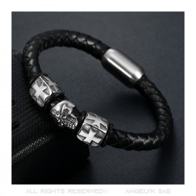 Leather Bracelet stainless Steel skull Templar Cross Pattée Man  IM#22194