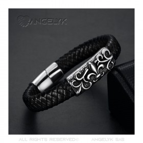 Bracelet Cuir Noir Acier Fleur de Lys Templier Patriote Homme  IM#22199