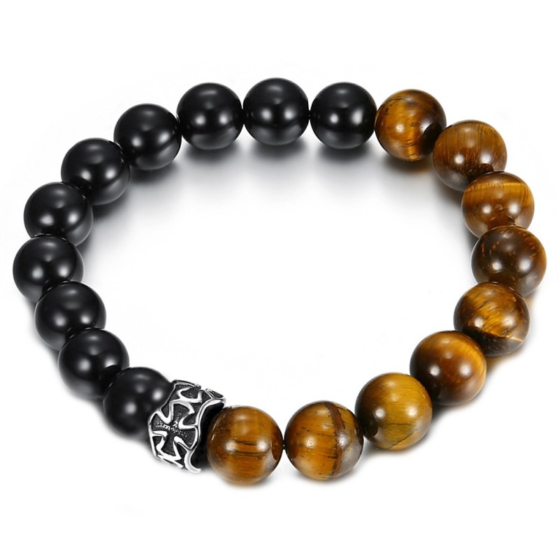 Bracelet Pierre Oeil de Tigre + Onyx Croix Pattée Acier  IM#22250