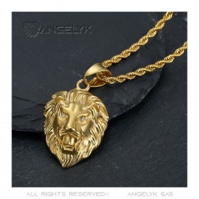 Colgante cabeza de león Ojos de diamante Acero inoxidable Oro IM#22291