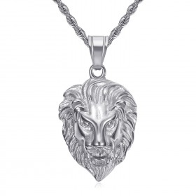 Pendentif tête de lion Yeux diamants Acier inoxydable Argent   IM#22295