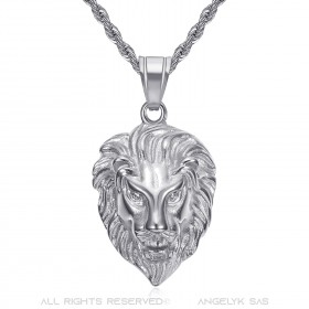 Ciondolo testa di leone Occhi di diamante Acciaio inossidabile Argento IM#22296