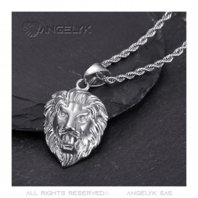 Pendentif tête de lion Yeux diamants Acier inoxydable Argent   IM#22297