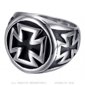 Bague templier Croix noire Chevalière Ronde Acier Inoxydable   IM#22319