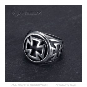 Bague templier Croix noire Chevalière Ronde Acier Inoxydable   IM#22320