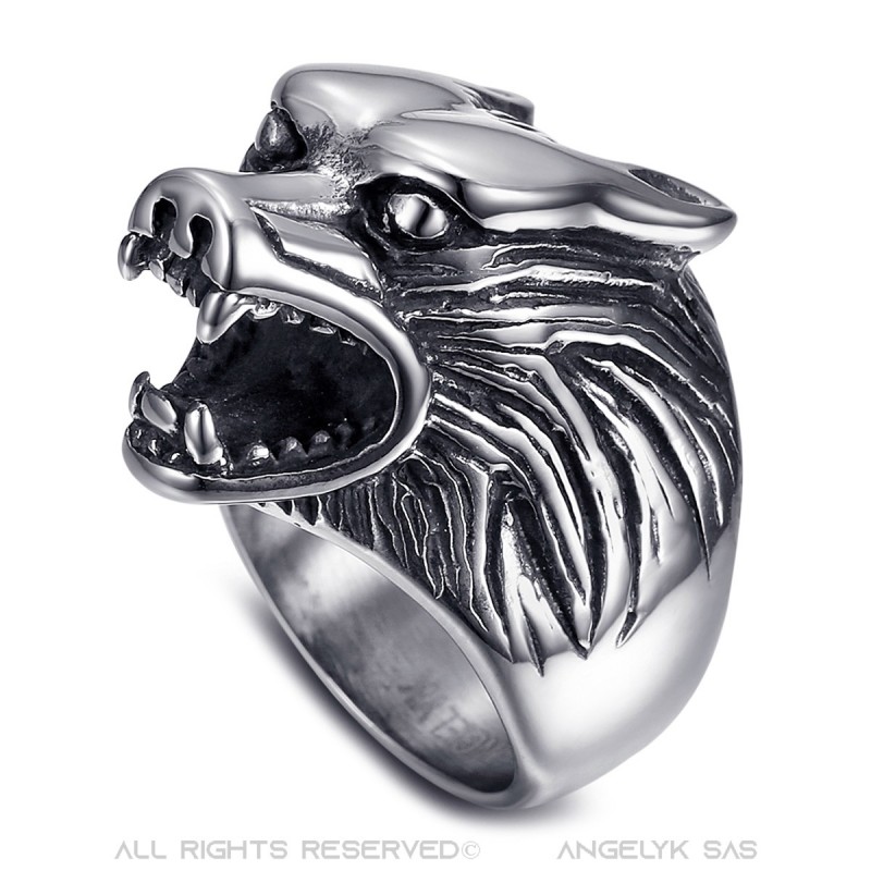 Bague loup Tête Chevalière Acier Inoxydable Argent   IM#22326