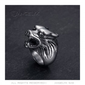 Bague loup Tête Chevalière Acier Inoxydable Argent   IM#22327