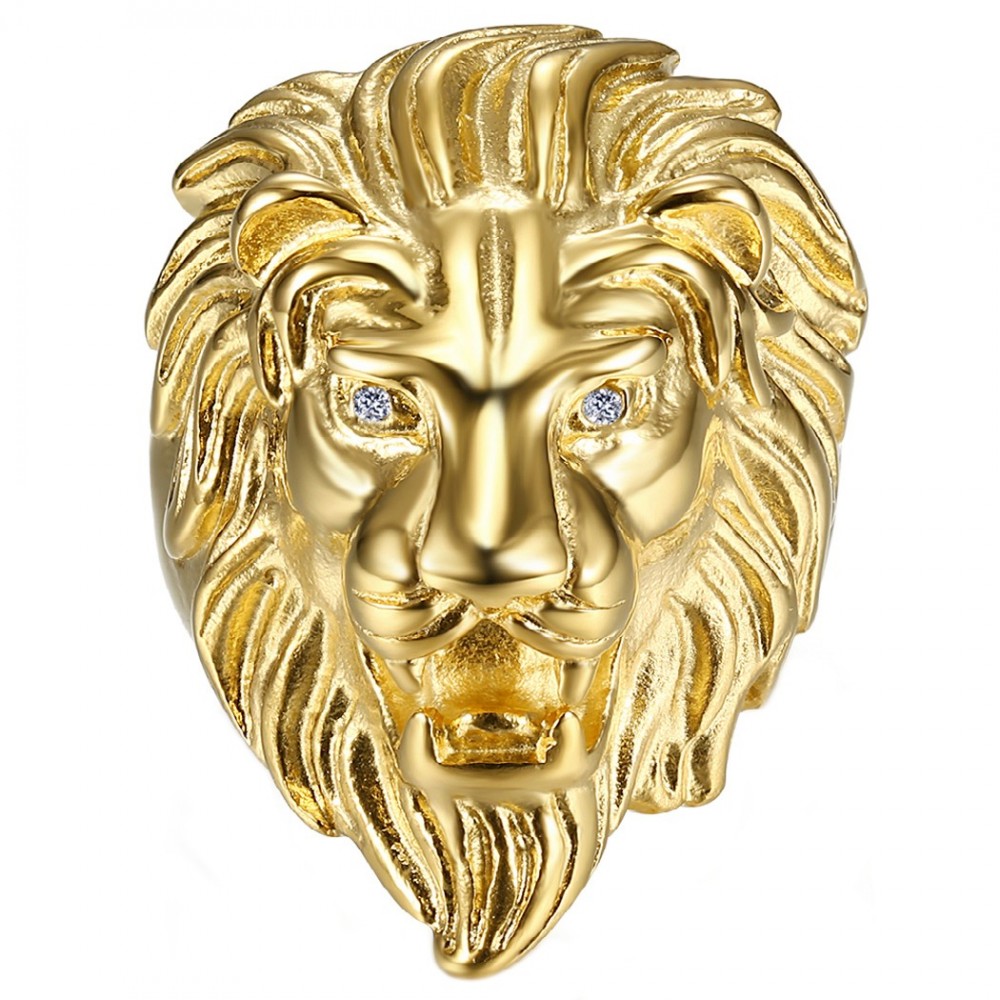 Löwenkopfring Mann Diamantaugen Edelstahl Gold IM#22342