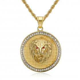 Pendentif lion Médaillon tête Acier inoxydable Or Diamant Rubis  IM#22349