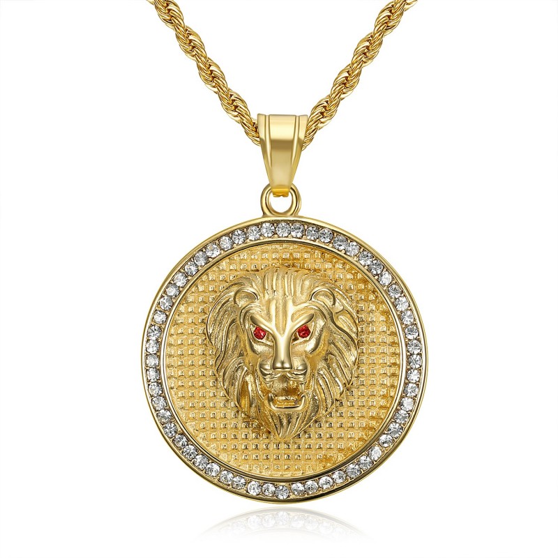 Pendentif lion Médaillon tête Acier inoxydable Or Diamant Rubis  IM#22349