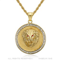 Pendentif lion Médaillon tête Acier inoxydable Or Diamant Rubis  IM#22350