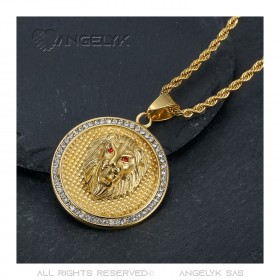 Lion pendant medallion head Stainless steel Gold Diamond Ruby IM#22351