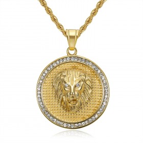Ciondolo a forma di leone Testa di medaglione Acciaio inossidabile Oro Diamante IM#22355