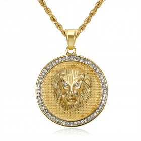 Pendentif lion Médaillon tête Acier inoxydable Or Diamant  IM#22355