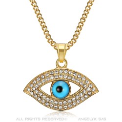 Collana protezione occhi blu Talismano Matiasma Acciaio Oro IM#22362