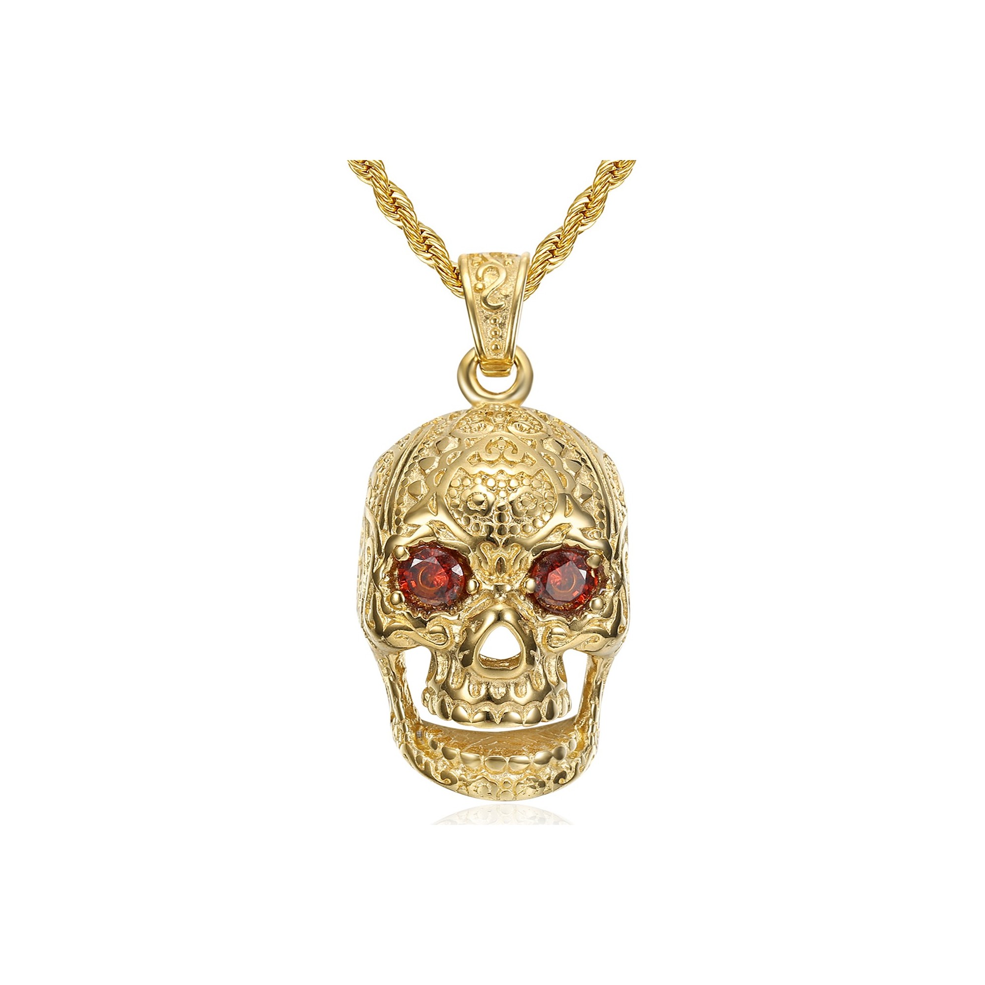 Collier tête de mort Gitan Biker Acier Or Yeux rubis