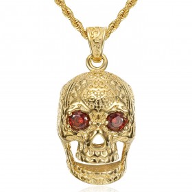 Men's skull necklace Maya Biker Stainless Steel Ruby Gold IM#22367