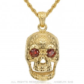 Men's skull necklace Maya Biker Stainless Steel Ruby Gold IM#22368
