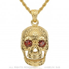 Totenkopf-Halskette Mann Maya Biker Edelstahl Gold Rubin IM#22368