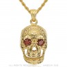 Men's skull necklace Maya Biker Stainless Steel Ruby Gold IM#22368