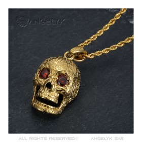 Men's skull necklace Maya Biker Stainless Steel Ruby Gold IM#22369