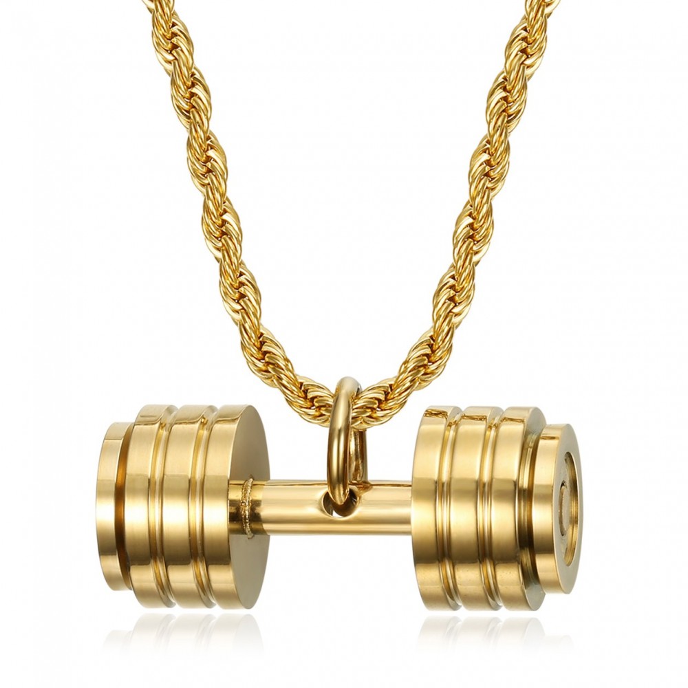 COOLSTEELANDBEYOND Gold Langhantel Hantel Anhänger Edelstahl Halskette für Herren Jungen mit 60cm Stahl Kugelkette 