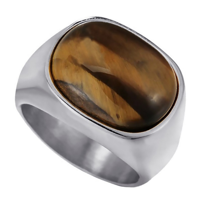 Anillo de ojo de tigre para hombre Acero inoxidable Chevalière IM#22379