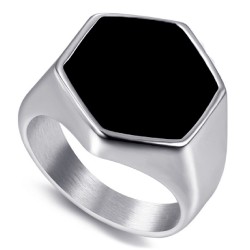 Hexagonal black cabochon ring France Stainless steel IM#22391