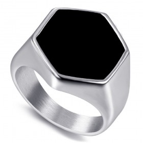 Bague cabochon noir hexagonale France Acier inoxydable    IM#22391