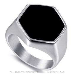 Hexagonal black cabochon ring France Stainless steel IM#22392