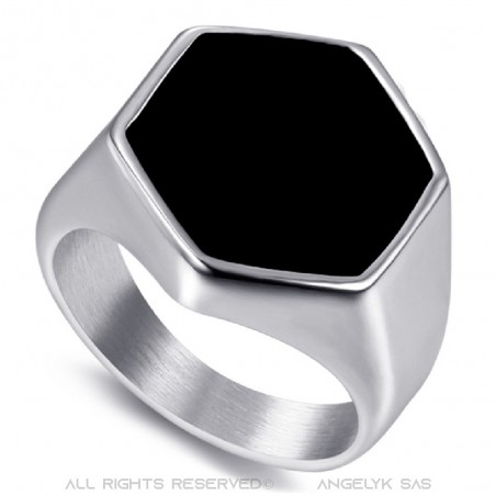 Cabochon-Ring schwarz sechseckig Frankreich Edelstahl IM#22392