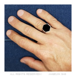 Hexagonal black cabochon ring France Stainless steel IM#22393