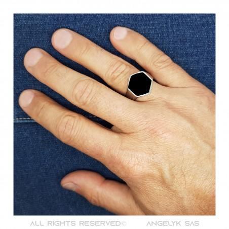 Cabochon-Ring schwarz sechseckig Frankreich Edelstahl IM#22393