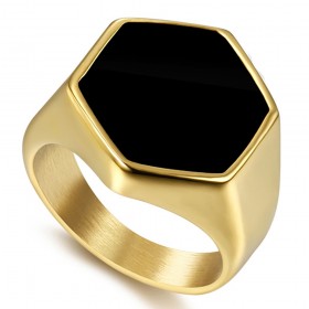Cabochon-Ring schwarz sechseckig Frankreich Edelstahl Gold IM#22403