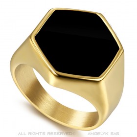 Cabochon-Ring schwarz sechseckig Frankreich Edelstahl Gold IM#22404