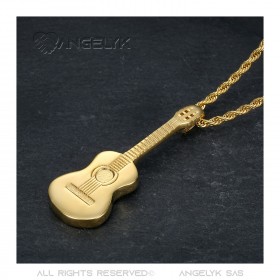 Pendentif Guitare Gitan Musicien Collier Acier Or  IM#22476