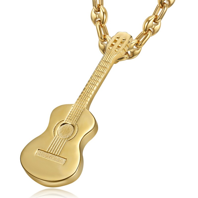 Pendentif Guitare Gitan Musicien Collier grain de café Acier Or  IM#22480