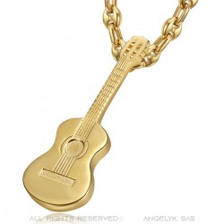 Ciondolo chitarra zingara musicista chicco di caffè Collana acciaio oro IM#22481