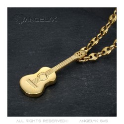 Pendant Guitar Gypsy Musician Coffee Bean Necklace Gold Steel IM#22482