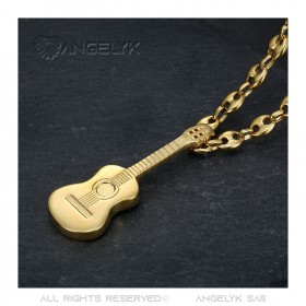 Pendentif Guitare Gitan Musicien Collier grain de café Acier Or  IM#22482