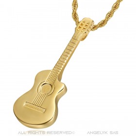Colgante Guitarra corte de sartén Músico gitano Collar de oro de acero IM#22487