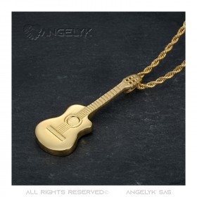Colgante Guitarra corte de sartén Músico gitano Collar de oro de acero IM#22488