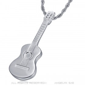 Pendentif Guitare Gitan Musicien Collier Acier Argent  IM#22499