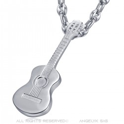 Pendant Guitar Gypsy Musician Coffee Bean Necklace Steel Silver IM#22505