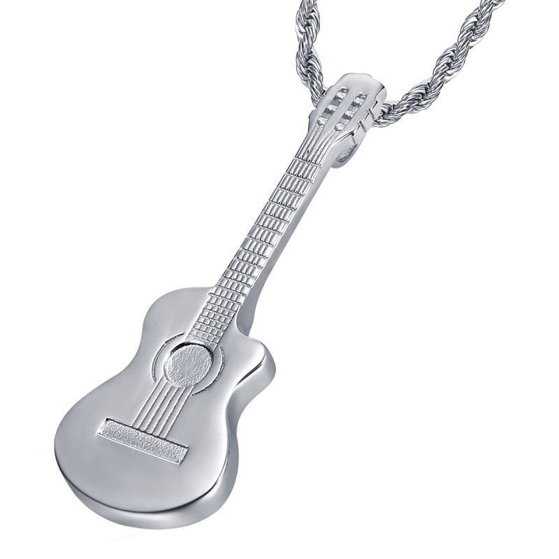 Pendant Guitar pan cut Gypsy Musician Necklace Steel Silver IM#22510