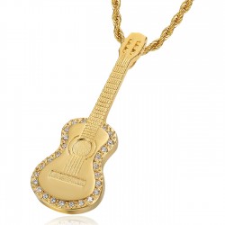 Pendentif Guitare Gitan Musicien Collier Acier Or Diamants  IM#22694