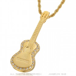Gitarrenanhänger Zigeunermusiker Stahl-Gold-Diamanten-Halskette IM#22695