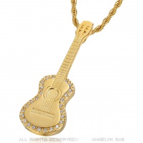 Gitarrenanhänger Zigeunermusiker Stahl-Gold-Diamanten-Halskette IM#22695