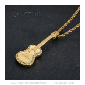 Pendentif Guitare Gitan Musicien Collier Acier Or Diamants  IM#22696