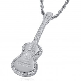 Pendentif Guitare Gitan Musicien Collier Acier Argent Diamants  IM#22700